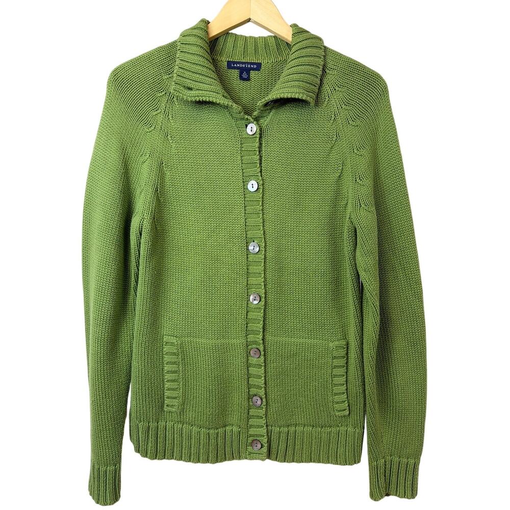 Lands End Green Abalone Button Collared Pocket Sweater Jacket Size M